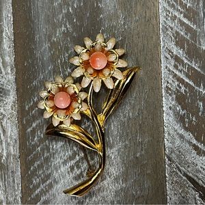 Angel Skin Coral (Faux?) & Enamel Flower Brooch